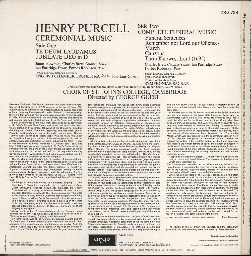 The Choir Of St. John's College, Cambridge Purcell Ceremonial Music UK vinyl LP album (LP record)