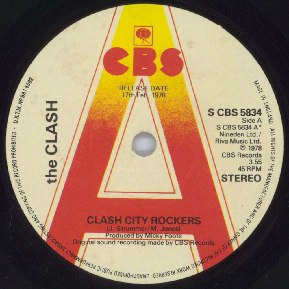 The Clash Clash City Rockers - A Label UK Promo 7" vinyl single (7 inch record / 45) CBS5834