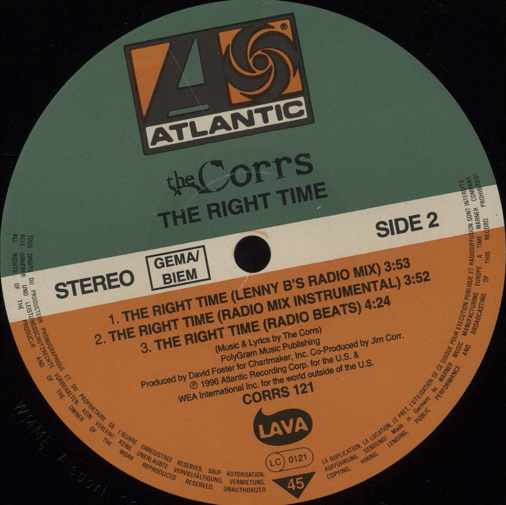 The Corrs The Right Time German Promo 12" vinyl single (12 inch record / Maxi-single) ORR12TH145846