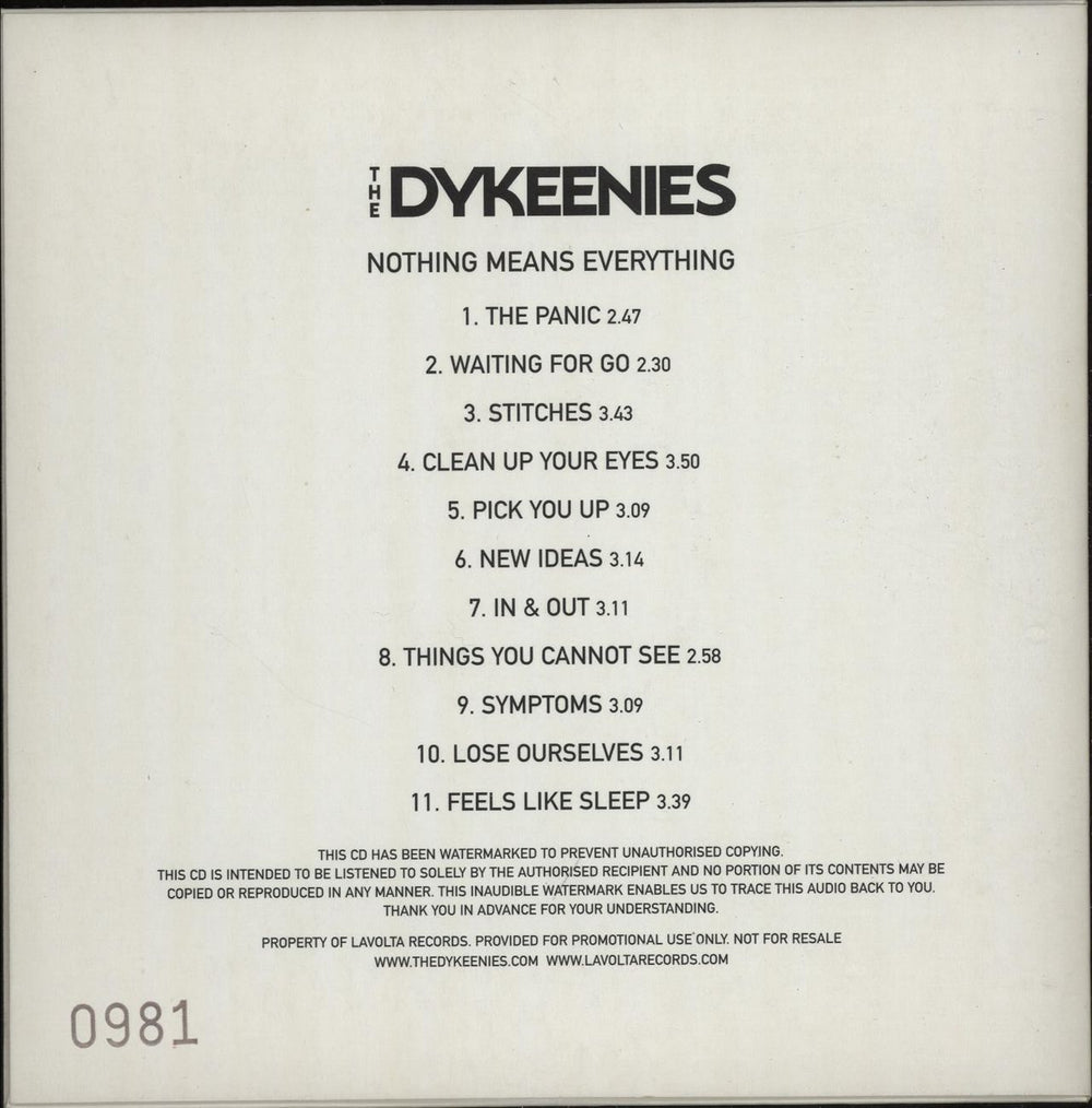 The Dykeenies Nothing Means Everything - Numbered UK Promo CD-R acetate CD-R