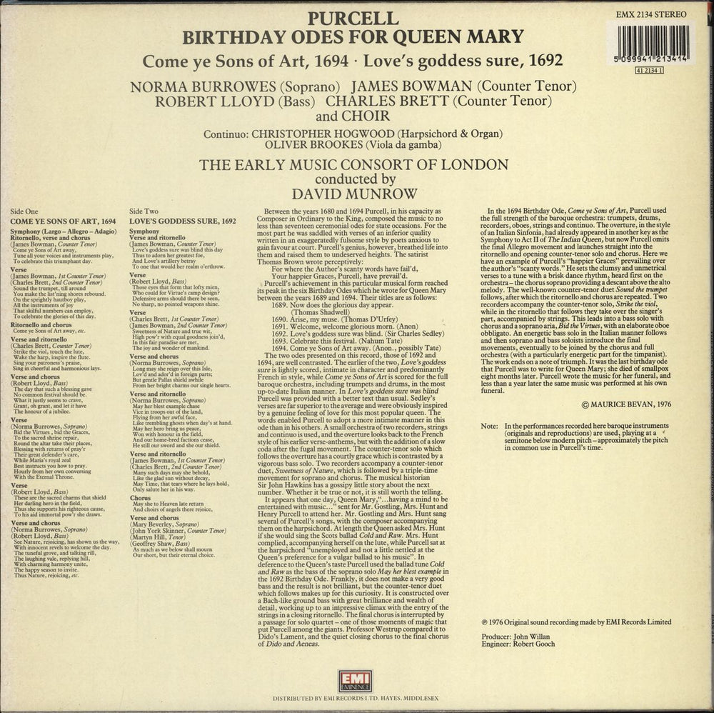 The Early Music Consort Of London Henry Purcell: Birthday Odes For Queen Mary UK vinyl LP album (LP record) 5099941213414