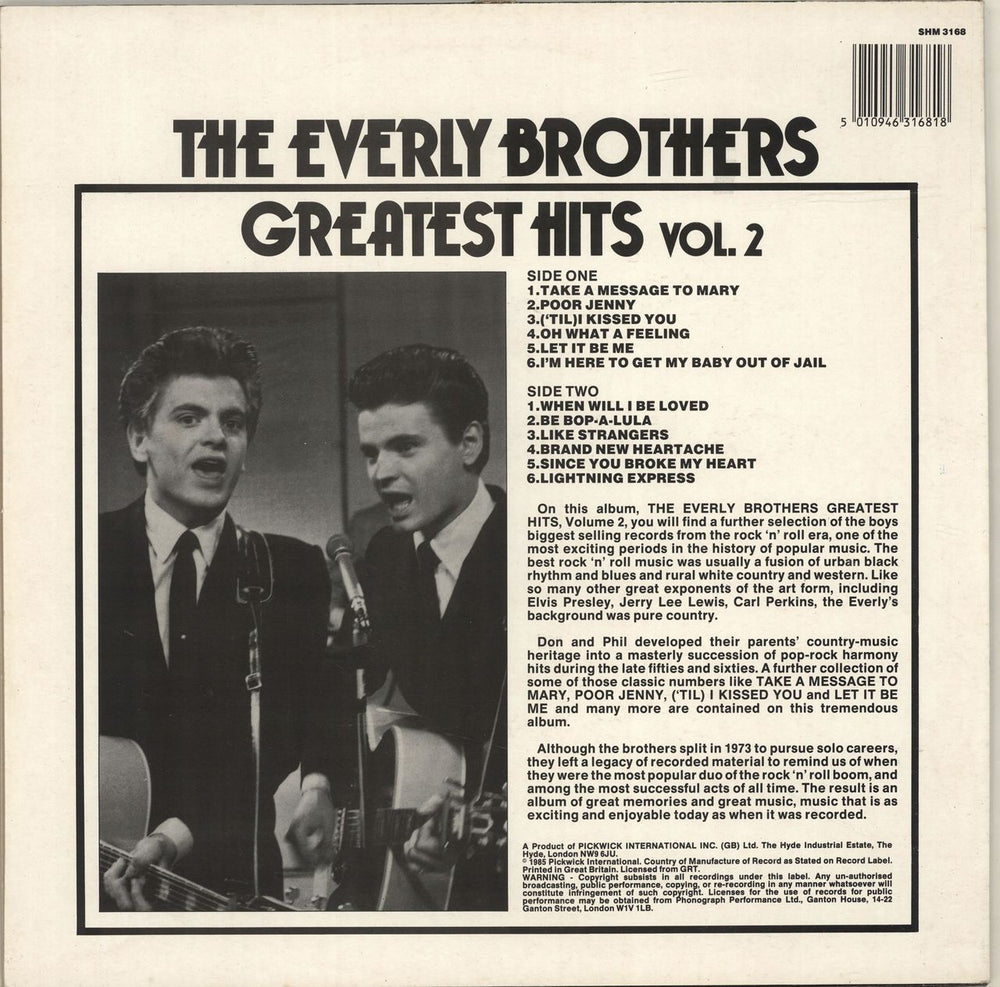 The Everly Brothers Greatest Hits Vol. 2 UK vinyl LP album (LP record) 5010946316818