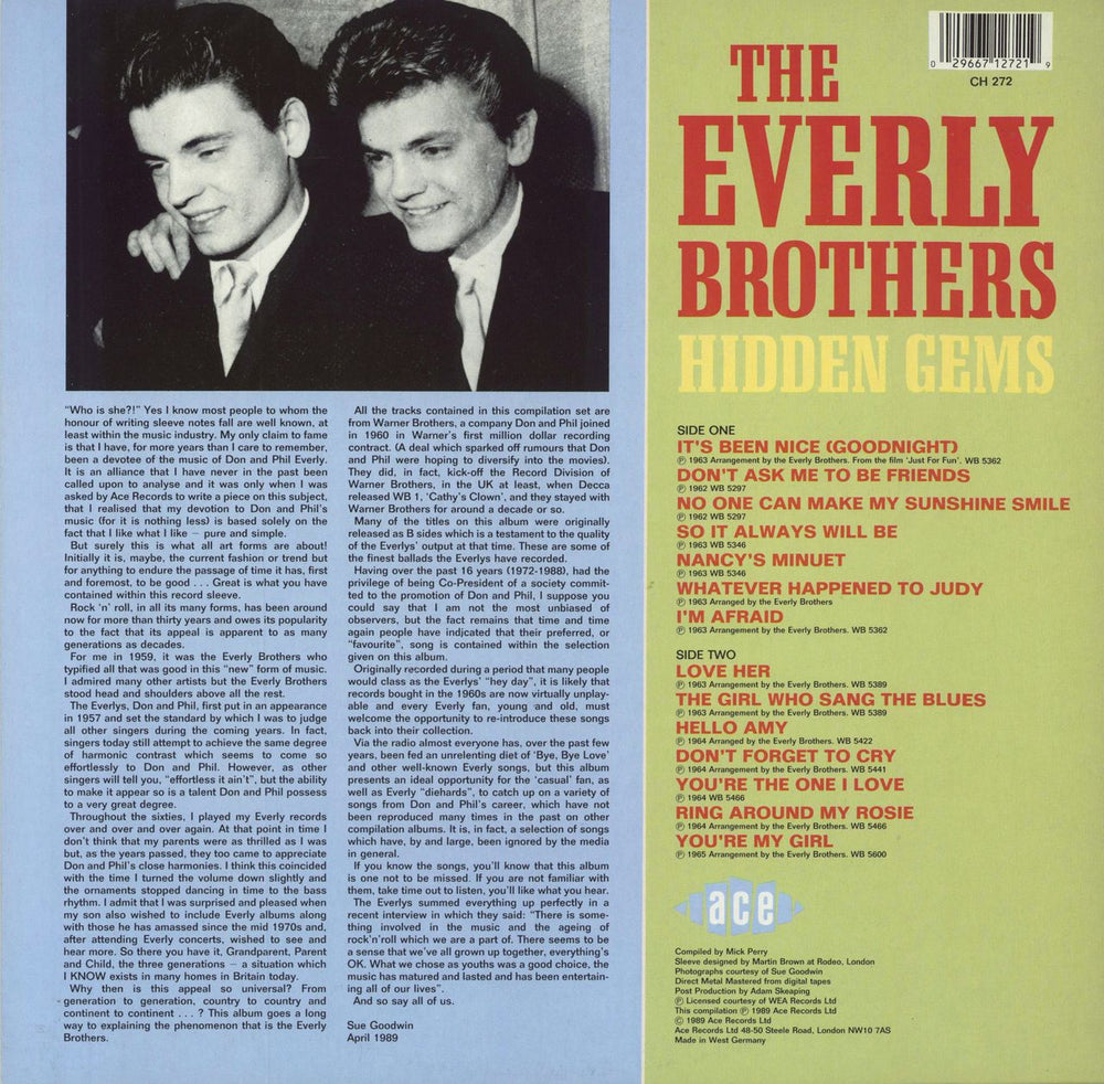 The Everly Brothers Hidden Gems German vinyl LP album (LP record) 029667127219