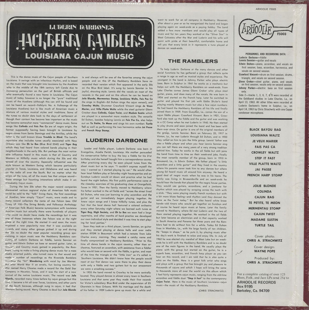 The Hackberry Ramblers Louisiana Cajun Music US vinyl LP album (LP record)