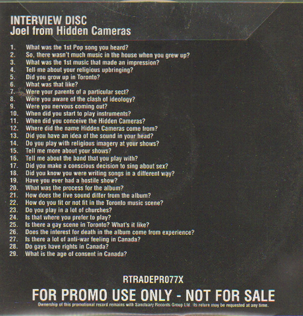 The Hidden Cameras Interview With Joel Gibb UK Promo CD album (CDLP) HICCDIN649129