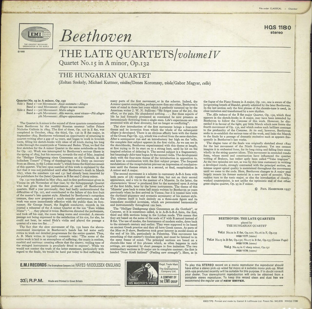 The Hungarian Quartet Beethoven: The Late Quartets: Volume IV, Op. 132 in A minor UK vinyl LP album (LP record)