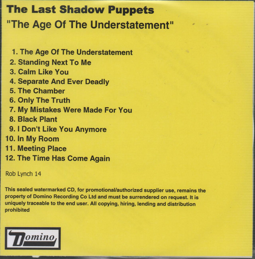 The Last Shadow Puppets The Age Of The Understatement UK Promo CD-R acetate CD-R