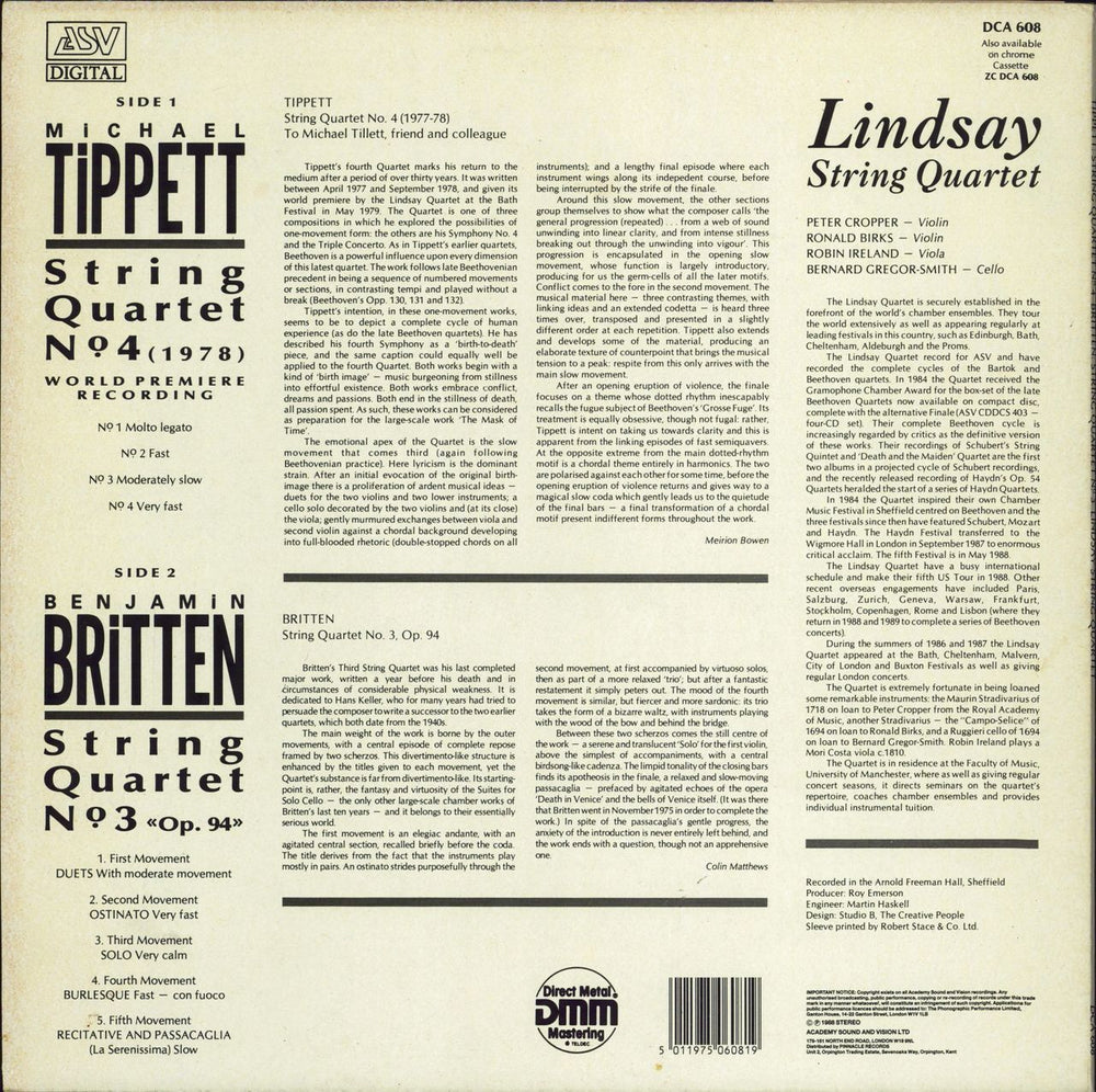 The Lindsay String Quartet Tippett: String Quartet No. 4 / Britten: String Quartet No. 3 UK vinyl LP album (LP record) 5011975060819