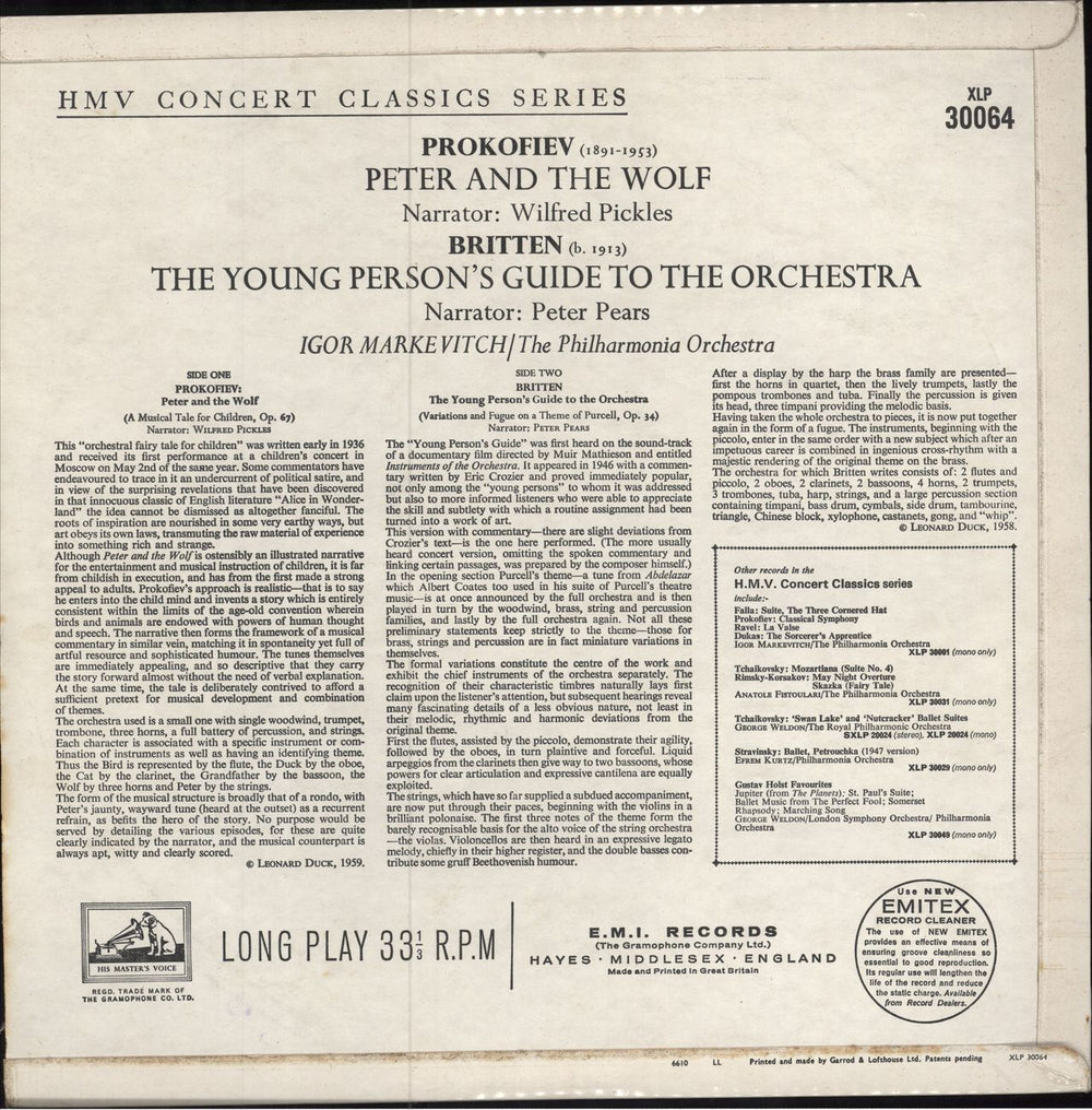 The Philharmonia Orchestra Prokofiev: Peter And The Wolf / Britten: The Young Person's Guide To The Orchestra UK vinyl LP album (LP record)