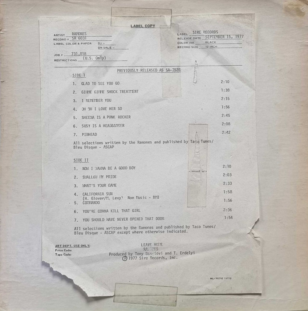 The Ramones Leave Home - Test Pressing + Copy Sheet US vinyl LP album (LP record) SR6031