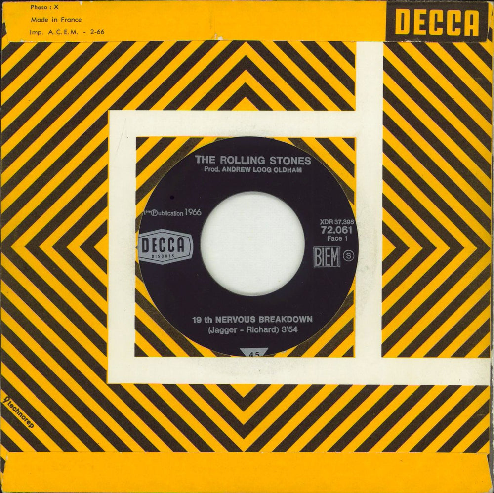 The Rolling Stones 19th Nervous Breakdown / As Tears Go By + Die-Cut b&w P/S French Promo 7" vinyl single (7 inch record / 45)