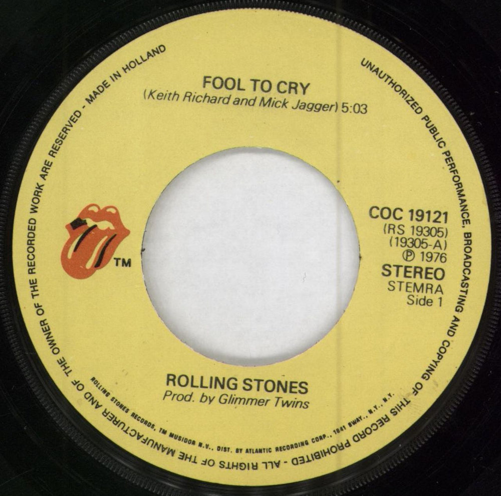 The Rolling Stones Fool To Cry Dutch 7" vinyl single (7 inch record / 45) ROL07FO75286