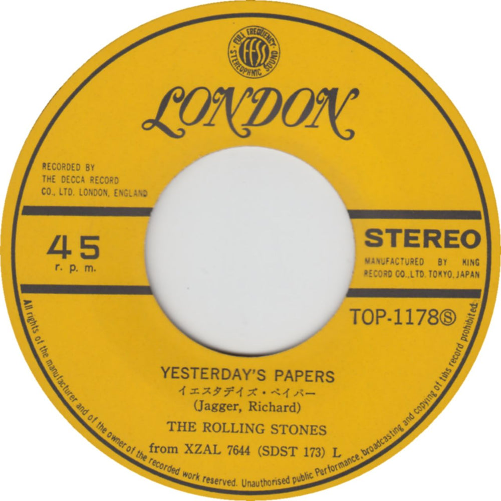 The Rolling Stones Yesterday's Papers - ¥400 Stickered Japanese 7" vinyl single (7 inch record / 45)