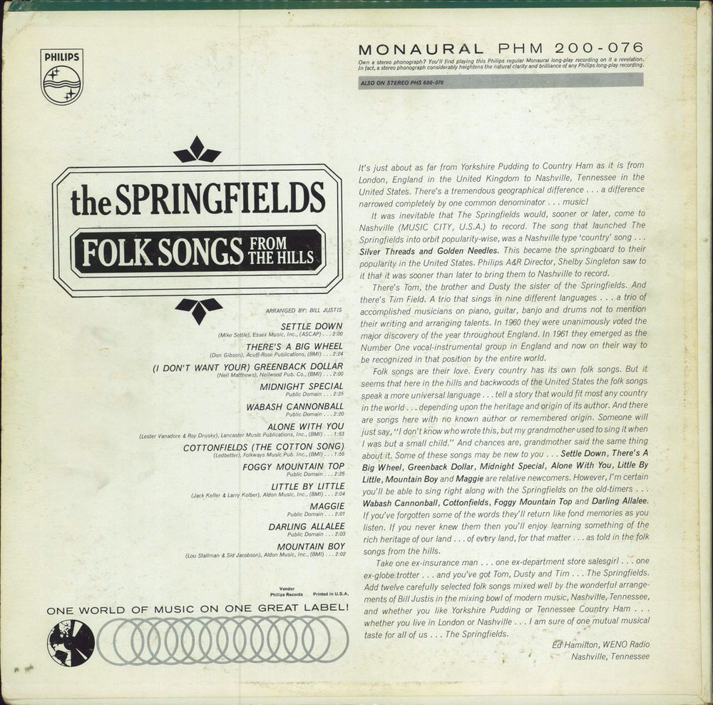 The Springfields (Folk) Folk Songs From The Hills US vinyl LP album (LP record)