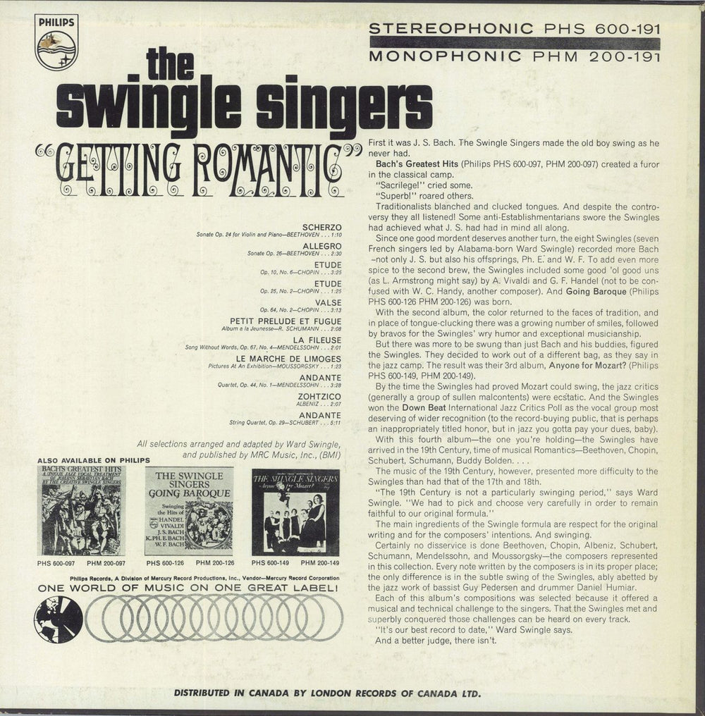 The Swingle Singers Getting Romantic Canadian vinyl LP album (LP record)