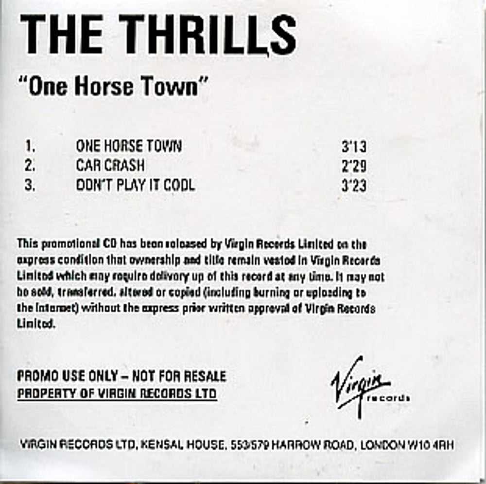 The Thrills One Horse Town - 3-track UK Promo CD-R acetate CD-R ACETATE