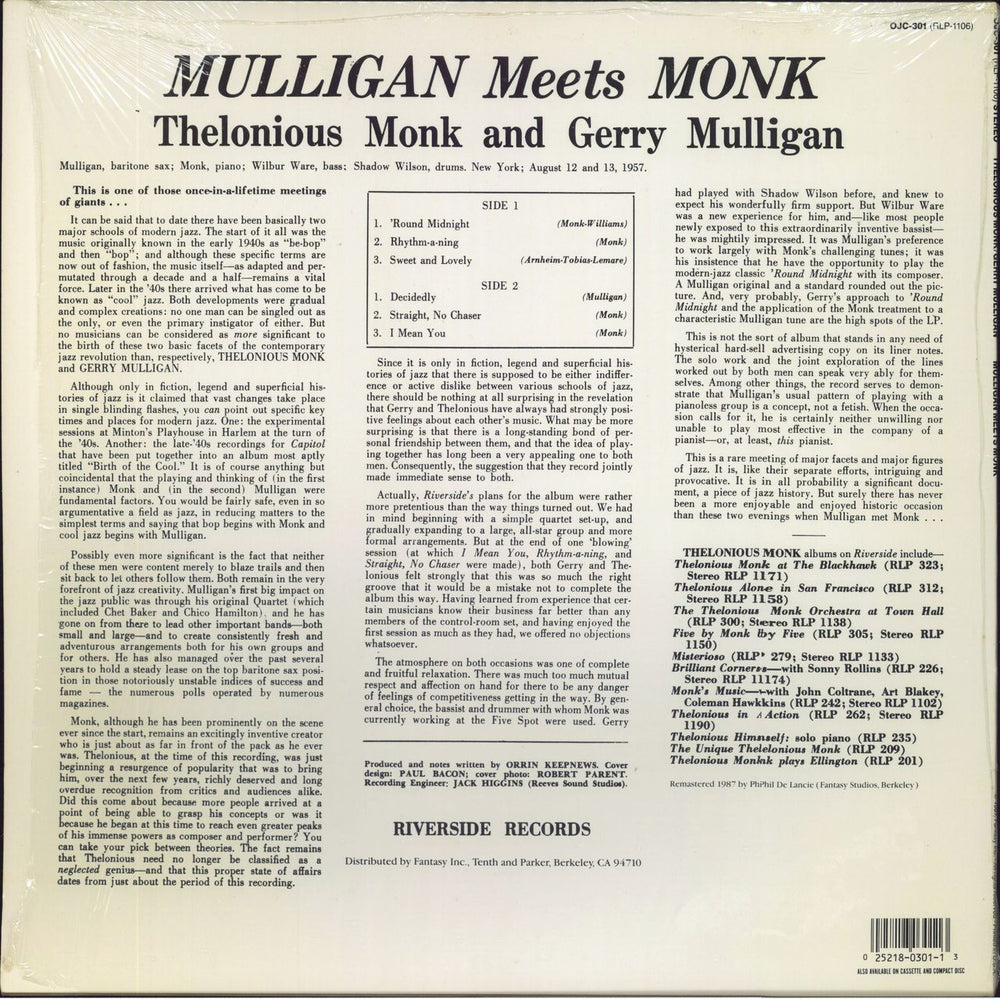 Thelonious Monk Mulligan Meets Monk - stickered shrink US vinyl LP album (LP record)