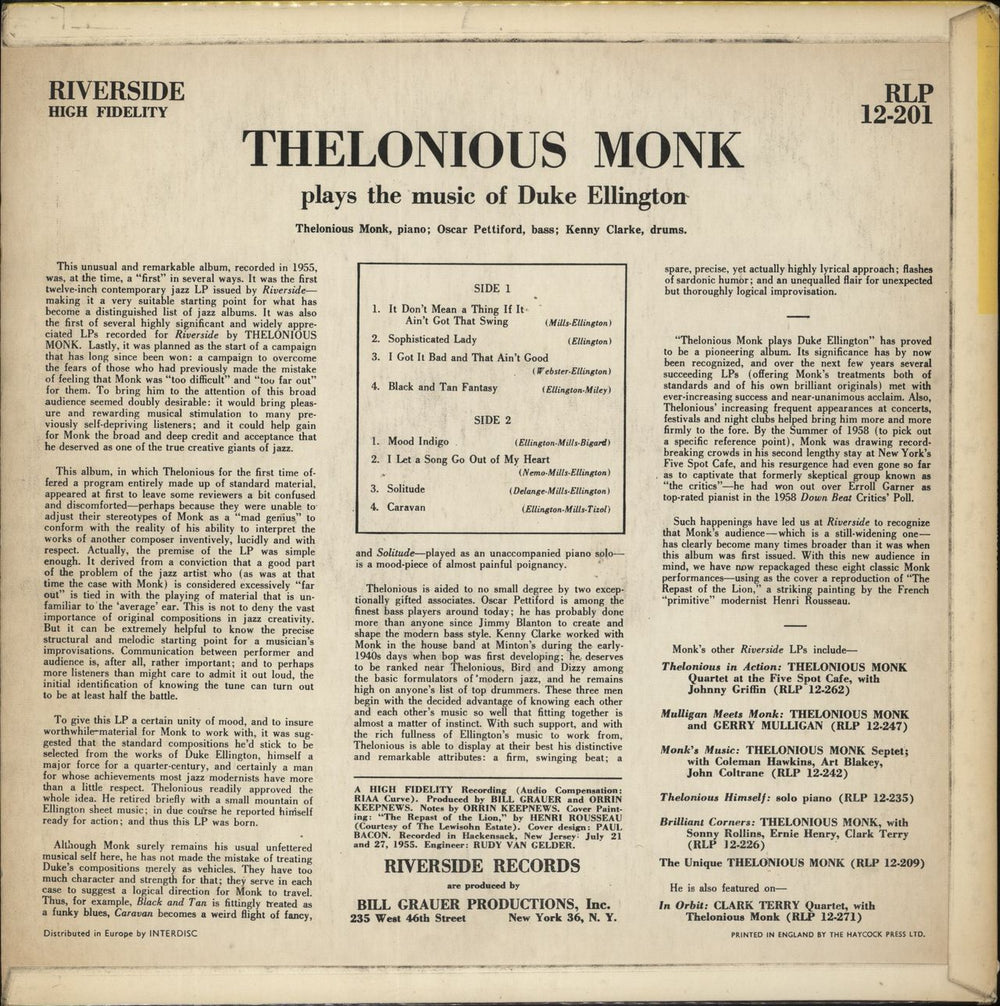 Thelonious Monk Thelonious Monk Plays Duke Ellington - 1st UK vinyl LP album (LP record)