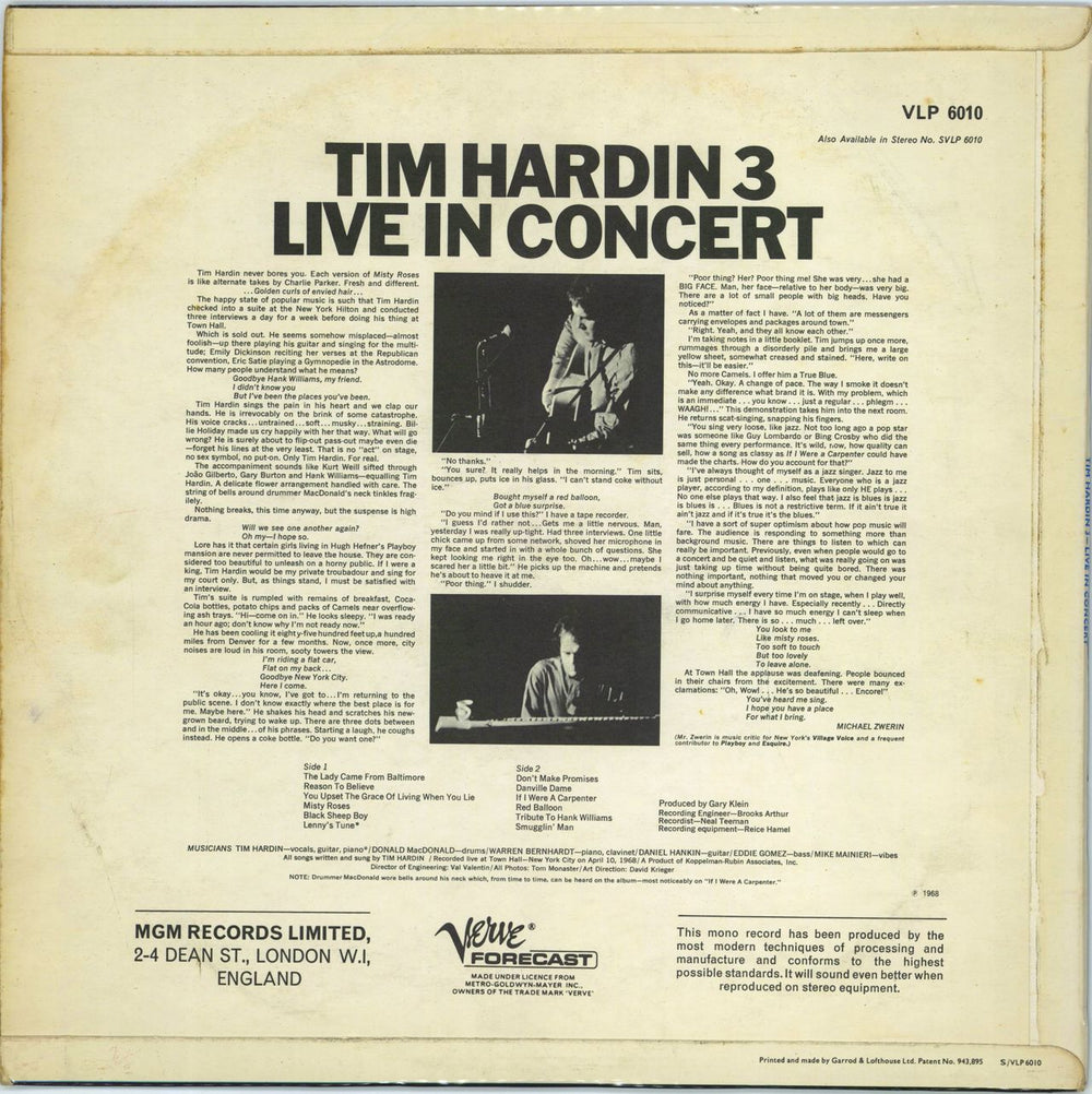 Tim Hardin Tim Hardin 3 - Live In Concert UK vinyl LP album (LP record)