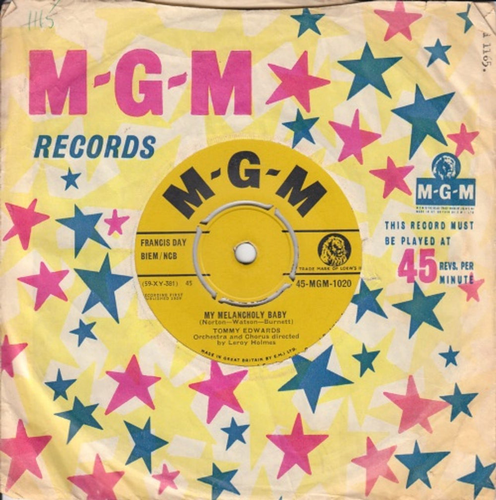 Tommy Edwards My Melancholy Baby UK 7" vinyl single (7 inch record / 45) 45-MGM-1020