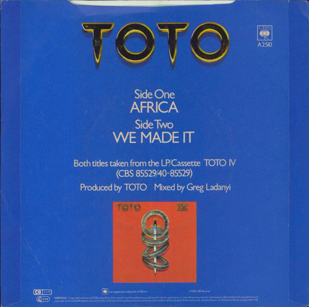 Toto Africa - Wide Centre + Sleeve UK 7" vinyl single (7 inch record / 45)