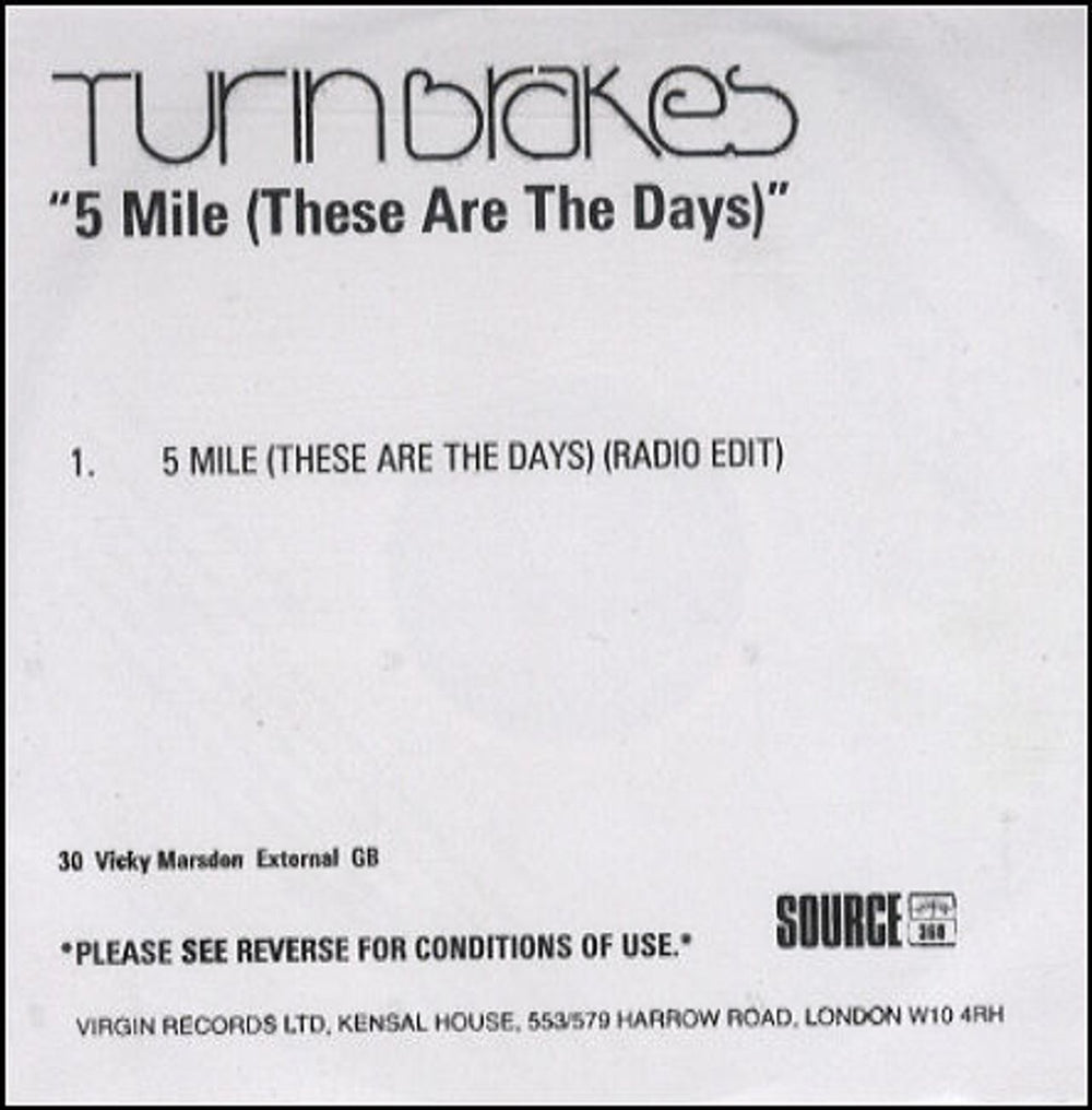 Turin Brakes 5 Mile (These Are The Days) UK Promo CD-R acetate CD-R ACETATE