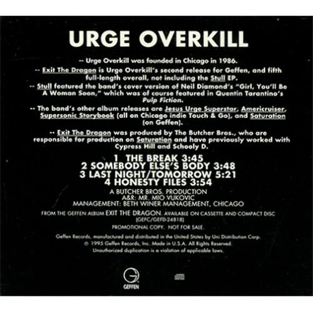 Urge Overkill 4 Cut Sampler US Promo CD single (CD5 / 5") PRO-CD-4769