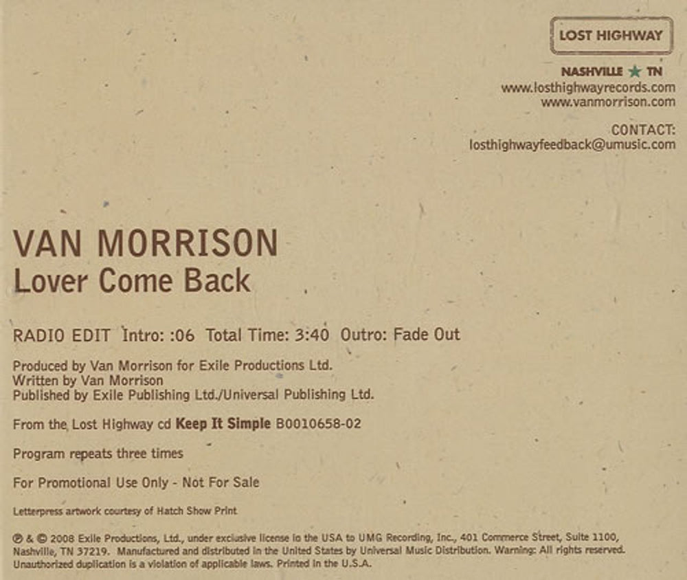 Van Morrison Lover Come Back US Promo CD single (CD5 / 5") VMOC5LO437078