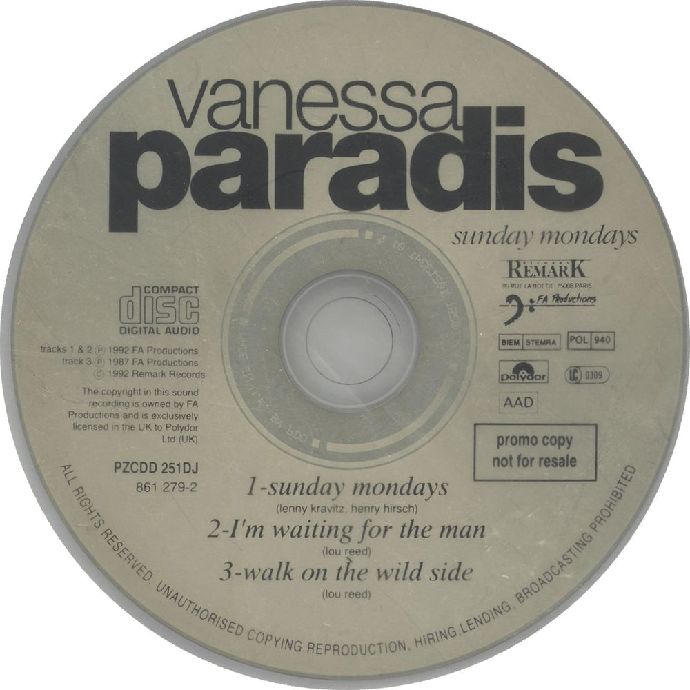 Vanessa Paradis Sunday Mondays - Radio Promo UK Promo CD single (CD5 / 5") VANC5SU28428