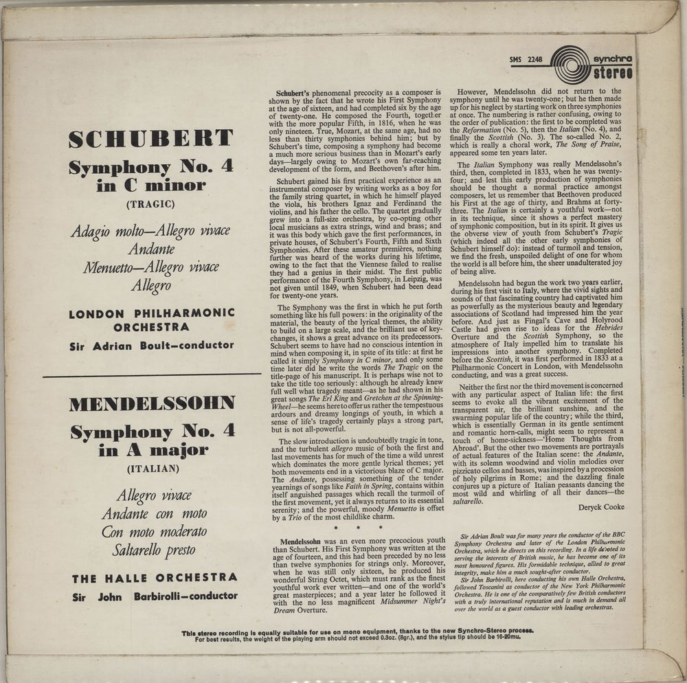 Various-Classical & Orchestral Mendelssohn: Symphony No. 4 "Italian" / Schubert: Symphony No. 4 "Tragic" UK vinyl LP album (LP record)