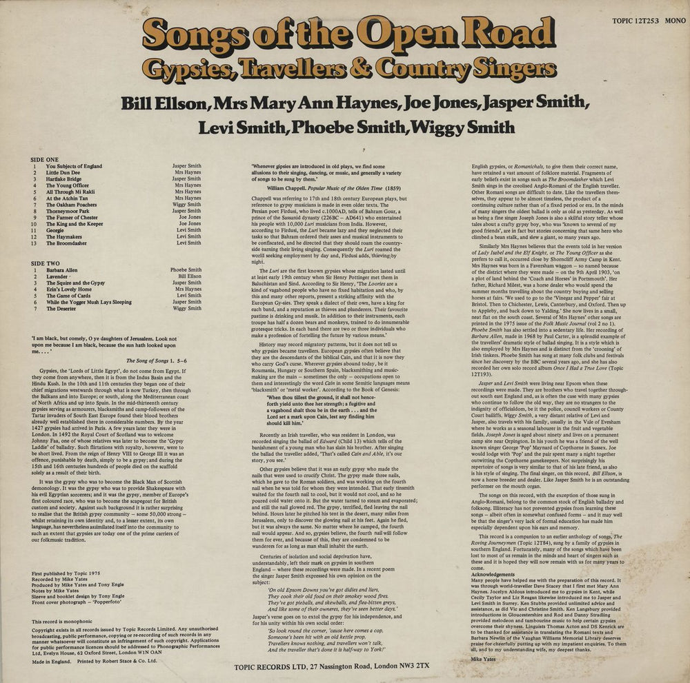 Various-Folk Songs Of The Open Road, Gypsies, Travellers & Country Singers UK vinyl LP album (LP record)