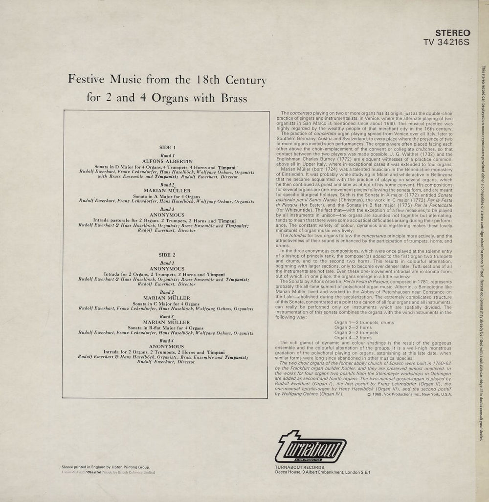 Various-Organs Festive Music From The 18th Century For 2 And 4 Organs With Brass UK vinyl LP album (LP record)