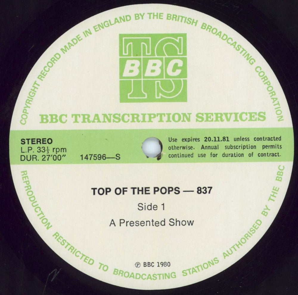 Various-Pop Top Of The Pops 837 UK Promo vinyl LP album (LP record) 147596/97-S