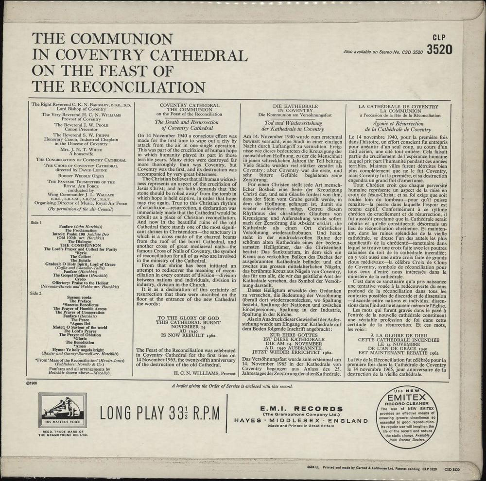 Various-Religious The Communion In Coventry Cathedral On The Feast Of The Reconciliation UK vinyl LP album (LP record)