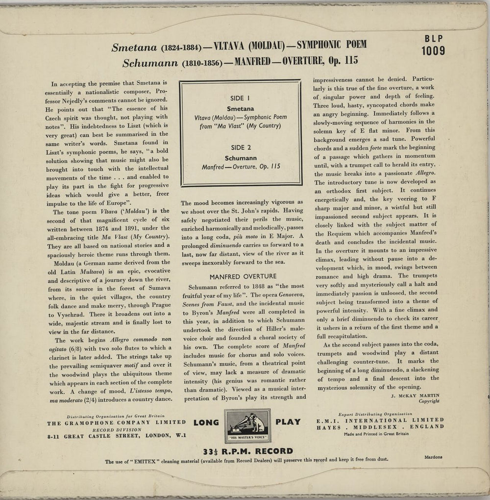 Vienna Philharmonic Orchestra Smetana: Vltava (Moldau) from "Ma Vlast" / Schumann: Overture "Manfred" UK 10" vinyl single (10 inch record) VIH10SM751247