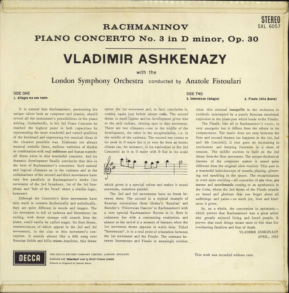 Vladimir Ashkenazy Rachmaninov: Piano Concerto No. 3 - 1st UK vinyl LP album (LP record)