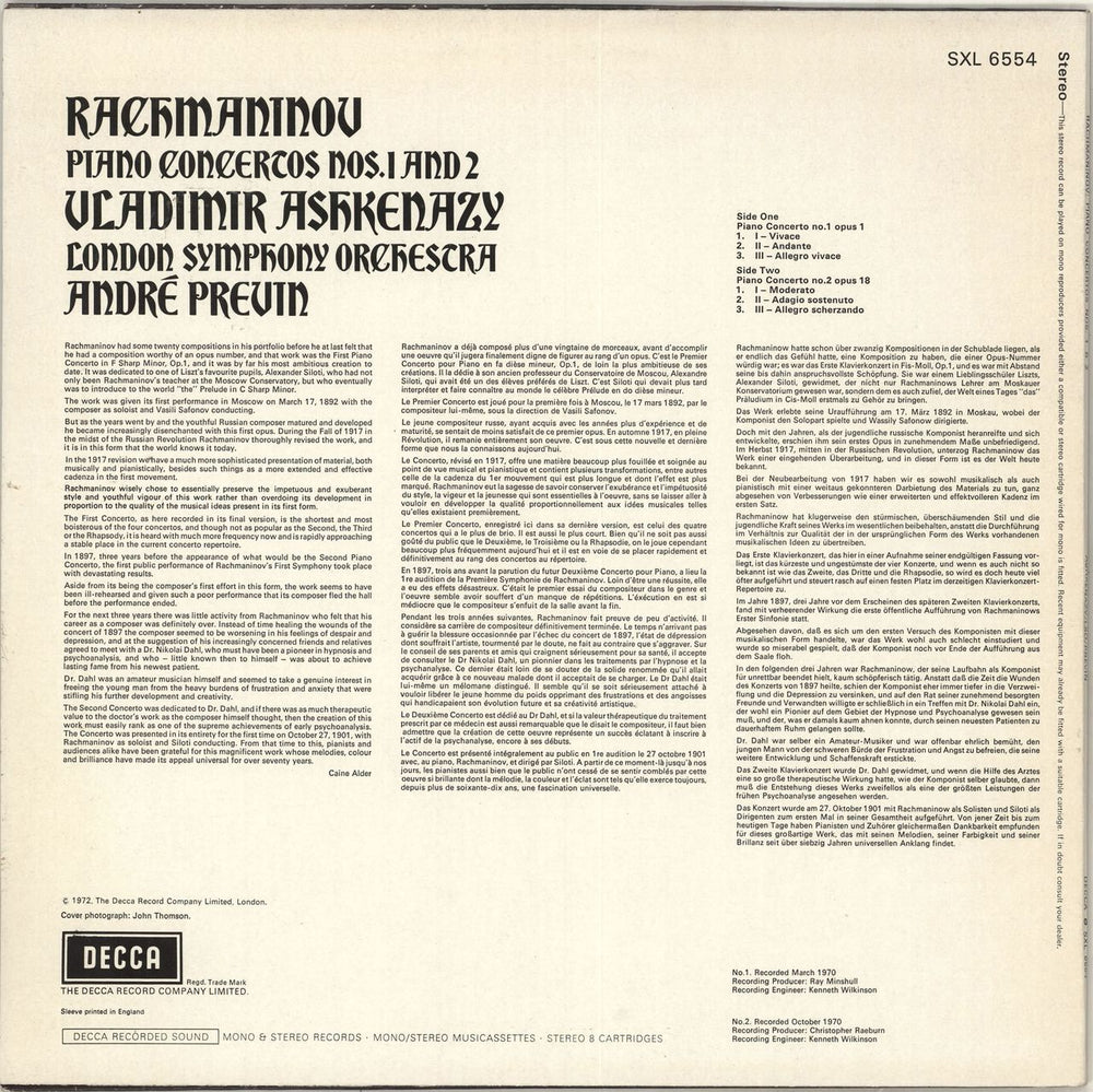 Vladimir Ashkenazy Rachmaninov: Piano Concertos Nos.1 And 2 UK vinyl LP album (LP record)