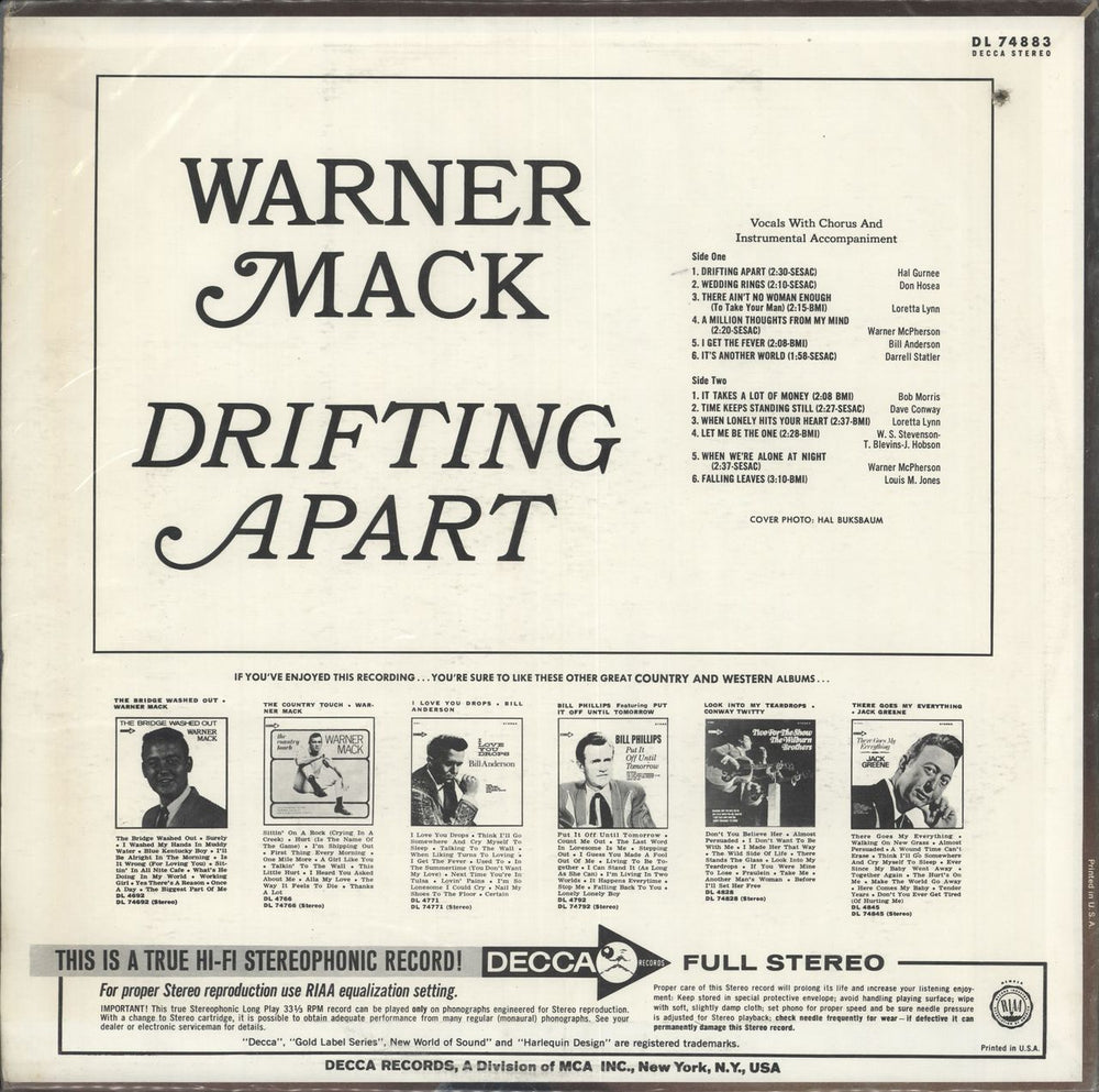 Warner Mack Drifting Apart US vinyl LP album (LP record)