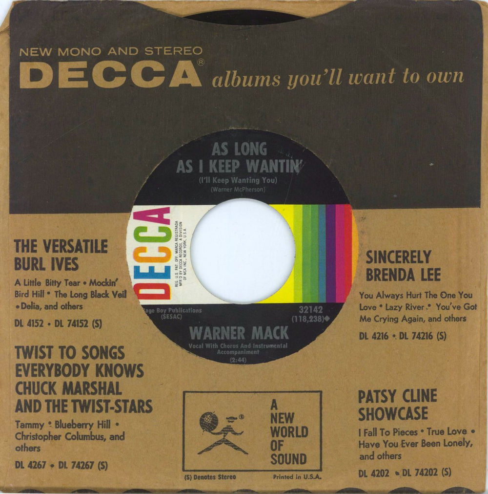 Warner Mack How Long Will It Take / As Long As I Keep Wantin' (I'll Keep Wanting You) US 7" vinyl single (7 inch record / 45)