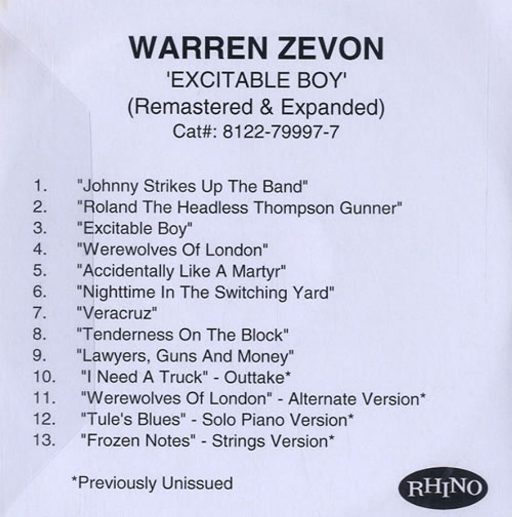 Warren Zevon Excitable Boy - Remastered & Expanded UK CD-R acetate WZVCREX575119