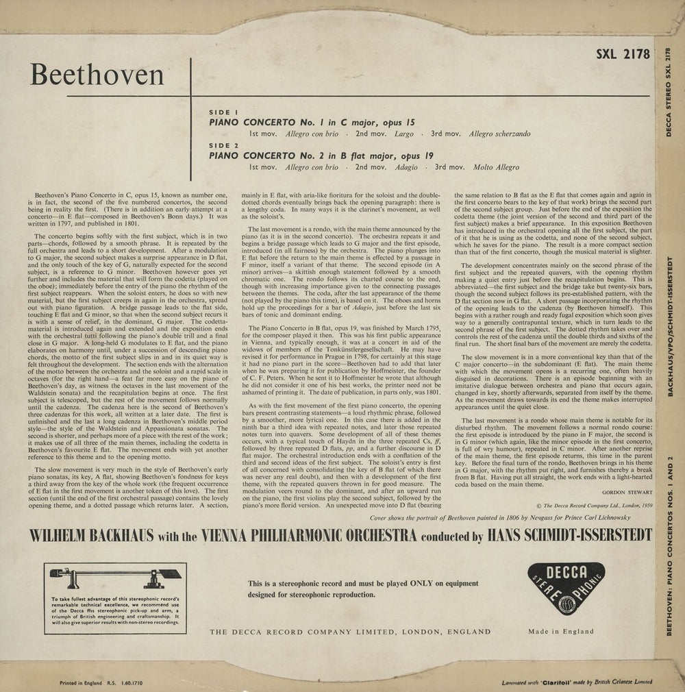 Wilhelm Backhaus Beethoven: Piano Concerto No.1 / Piano Concerto No.2 UK vinyl LP album (LP record)