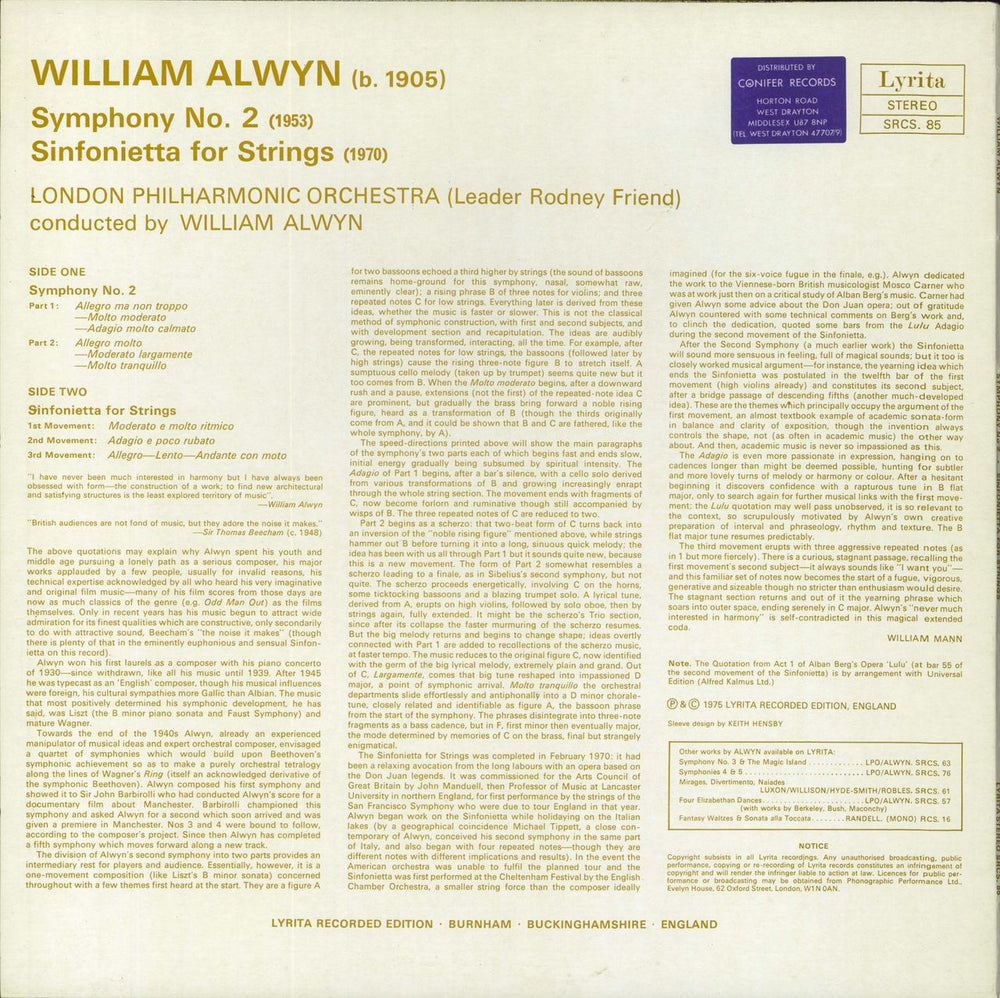 William Alwyn Symphony No. 2 UK vinyl LP album (LP record)