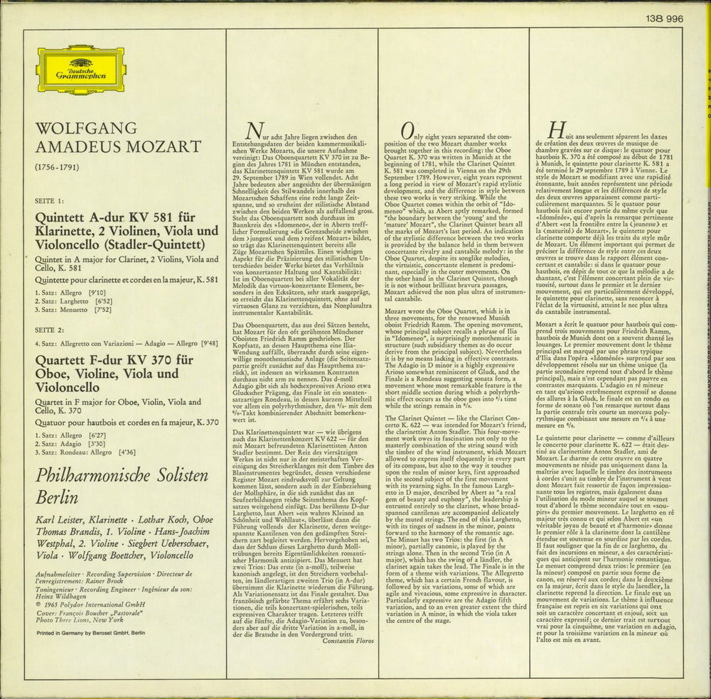 Wolfgang Amadeus Mozart Clarinet Quintet in A, K.581 & Oboe Quartet in F, K.370 UK vinyl LP album (LP record)