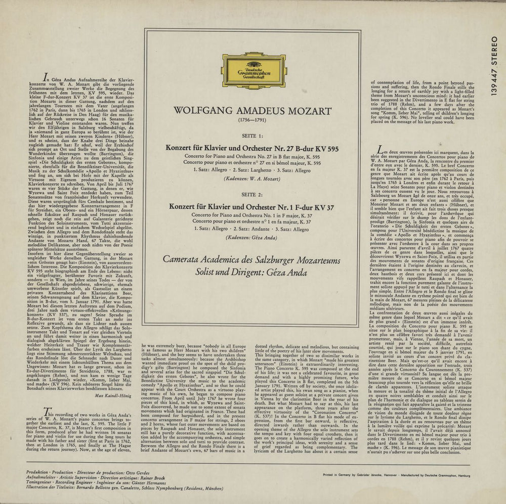 Wolfgang Amadeus Mozart Klavierkonzerte B-Dur KV 595 - F-Dur KV 37 - Piano Concertos German vinyl LP album (LP record)