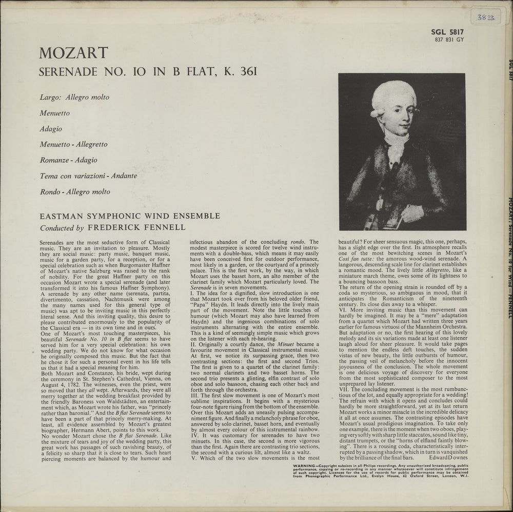 Wolfgang Amadeus Mozart Serenade No. 10 In B Flat. K. 361 UK vinyl LP album (LP record)