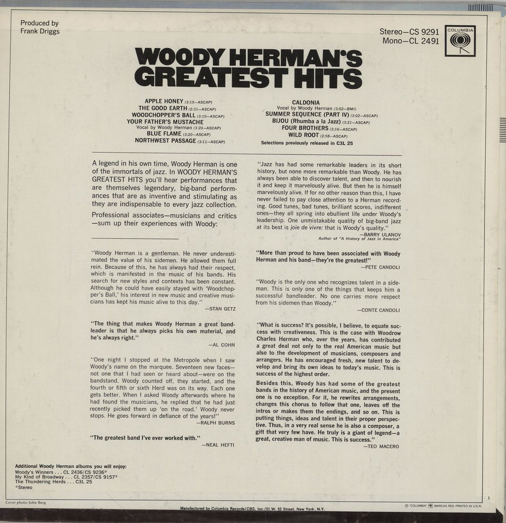 Woody Herman Woody Herman's Greatest Hits US vinyl LP album (LP record)