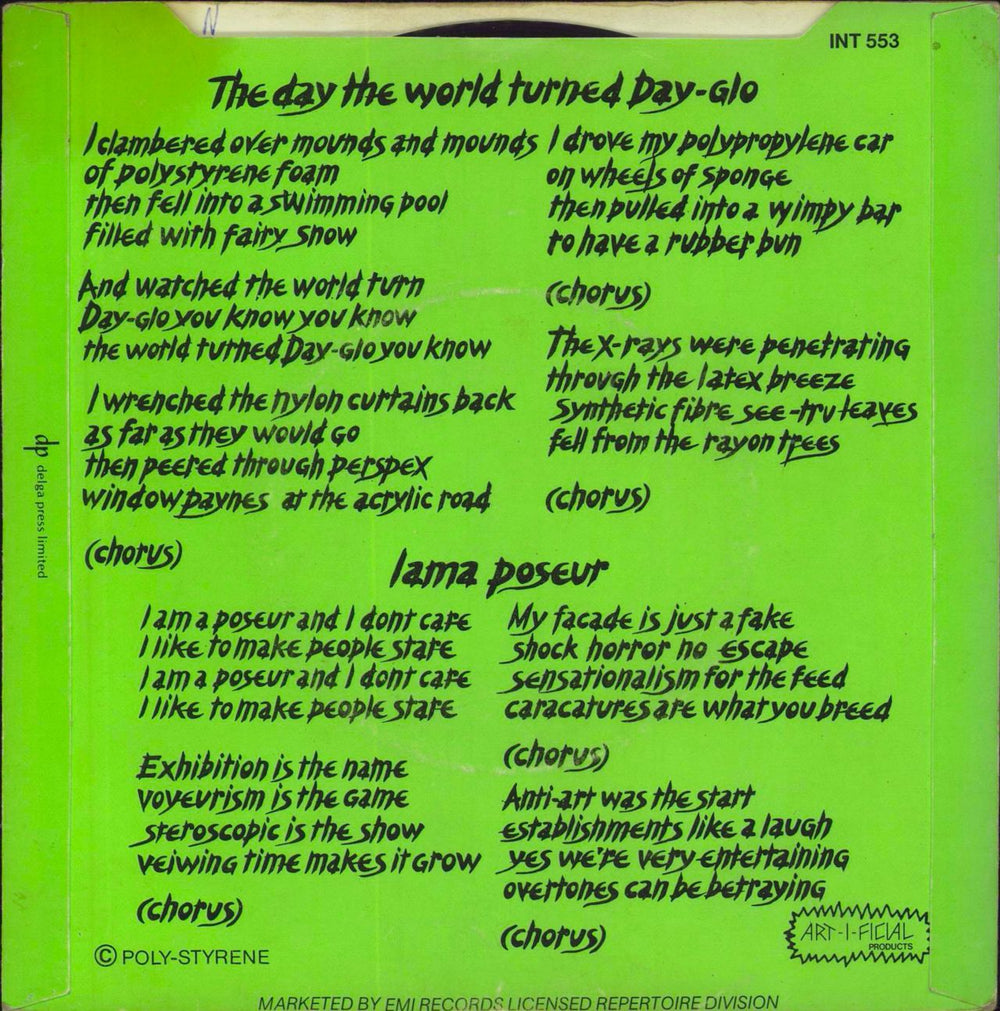 X-Ray Spex The Day The World Turned Dayglo - P/S + solid UK 7" vinyl single (7 inch record / 45)