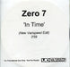 Zero 7 In Time UK Promo CD-R acetate CD-R ACETATE